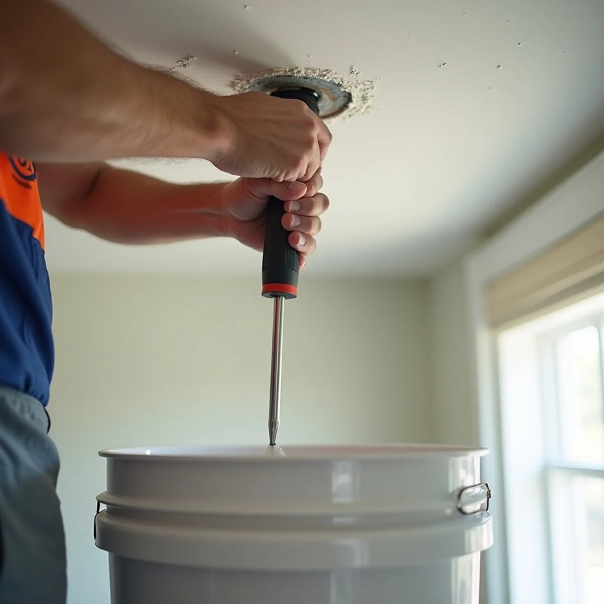 Relieving trapped ceiling water bulge with screwdriver into bucket to prevent ceiling drywall collapse